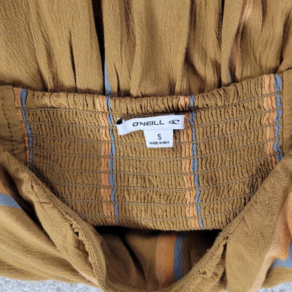 O'Neill Lahaloo Striped Jumpsuit Womens S Gold Strapless Smocked Bandeau Boho - Picture 12 of 12